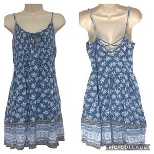 NWT American Rag Blue Lined Print Sundress Size Medium Boho Corset Front